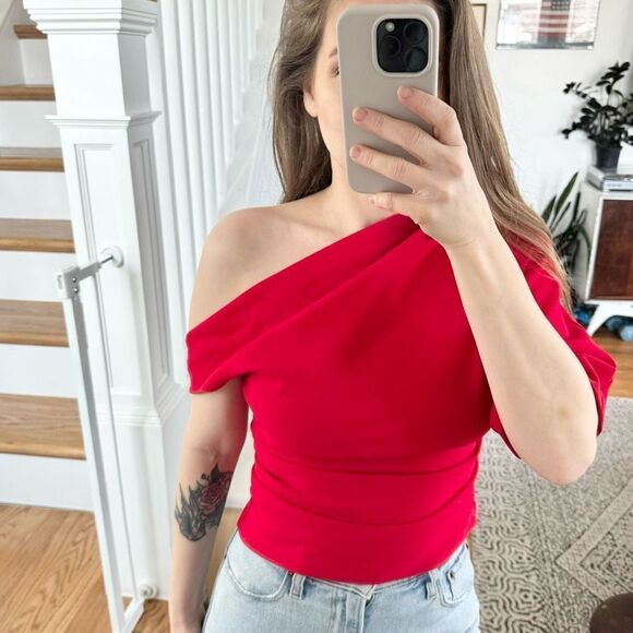 Zara Off Shoulder One Sleeve Red Blouse Top XS - Picture 1 of 6